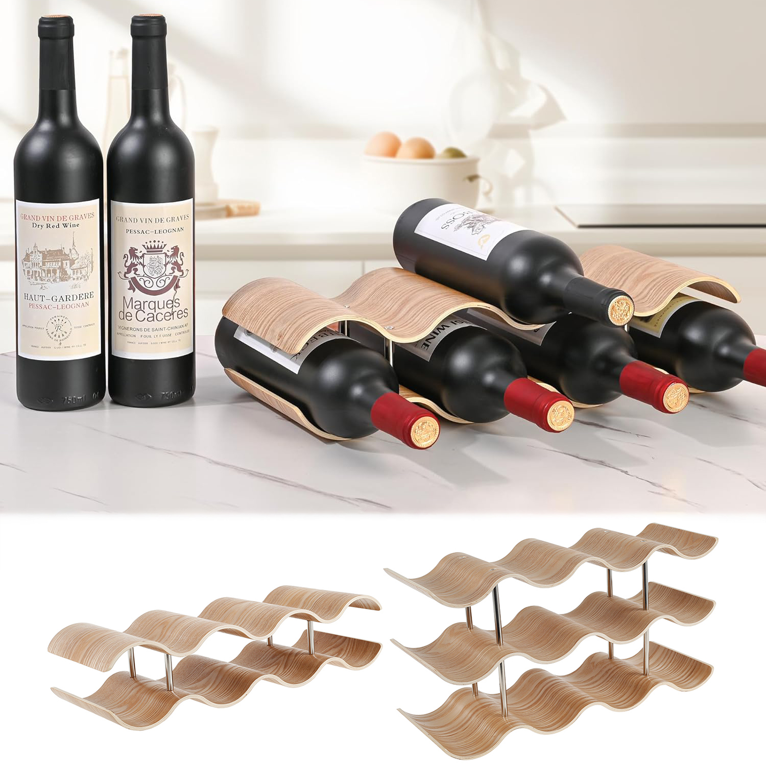 Food Storage Tank - 2/3-Tier Wooden Wine Rack Wavy Wine