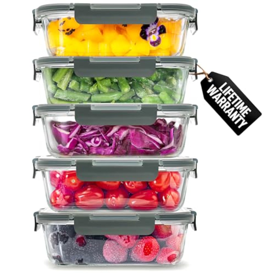 5 Piece Large 36oz Glass Tuppe - Food Storage Glass Containers Large のレビューと価格