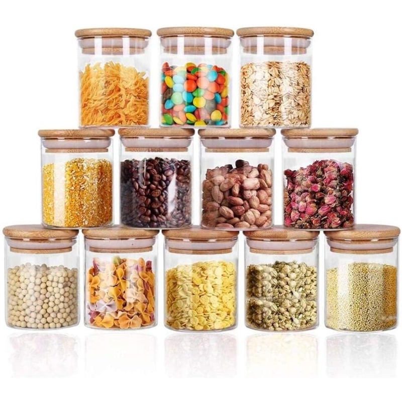 12 Glass Jars Set with Bamboo  - Food Storage Glass Containers Large のレビューと価格