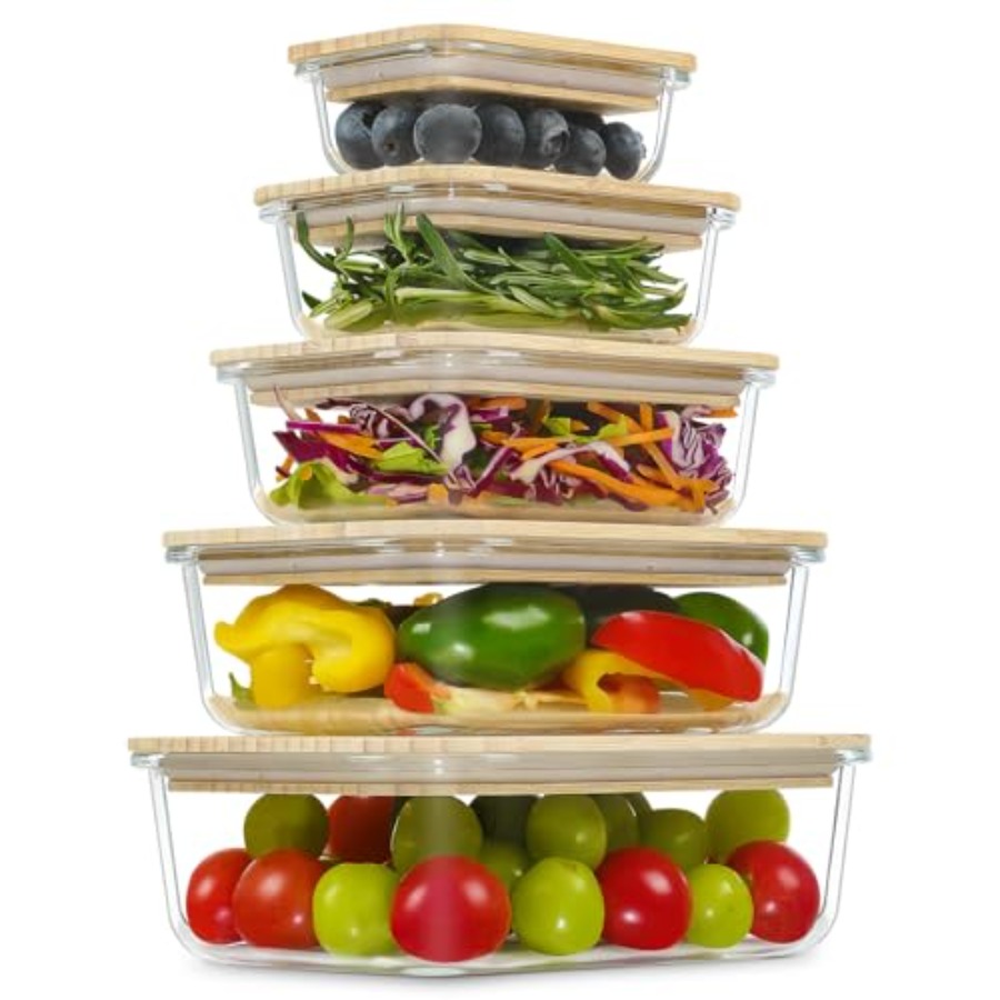Glass Containers with Bamboo L - Food Storage Kitchen Container Set のレビューと価格