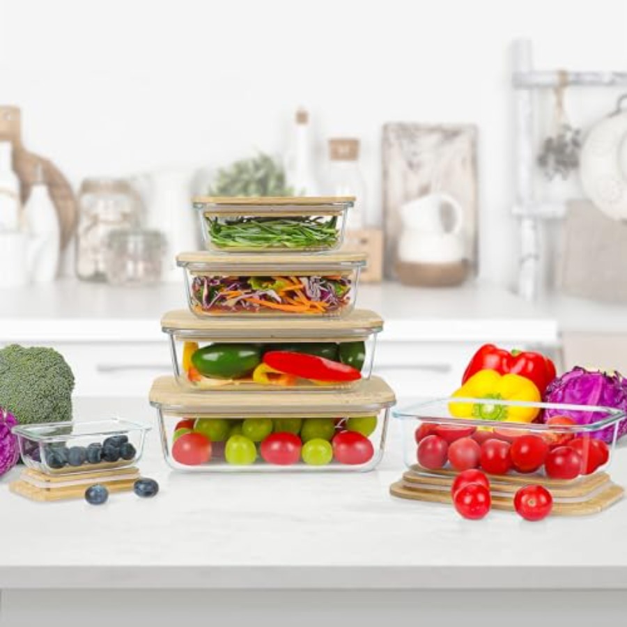 Glass Containers with Bamboo L - Food Storage Kitchen Container Set のレビューと価格