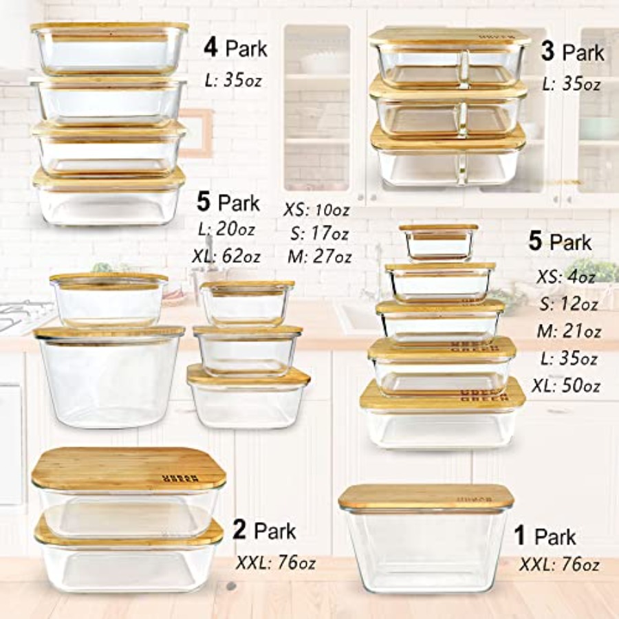 Glass Containers with Bamboo L - Food Storage Kitchen Container Set のレビューと価格