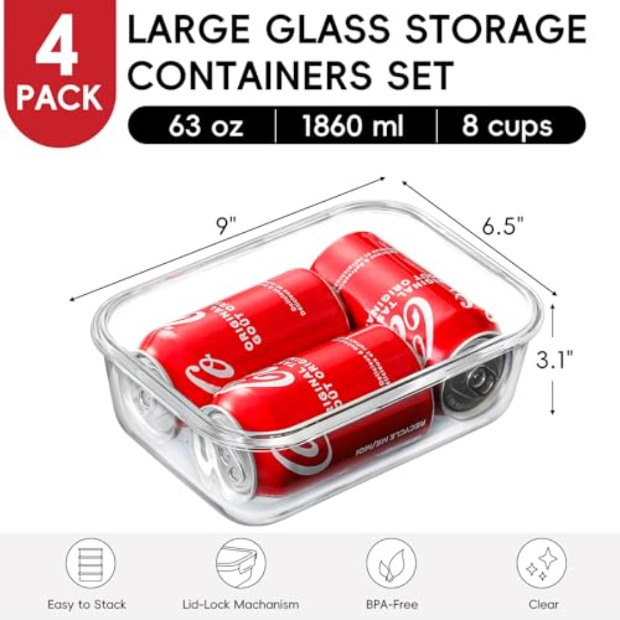 4 Pack 8 Cups/ 63oz Large Glas - Food Storage Meal Prep のレビューと価格