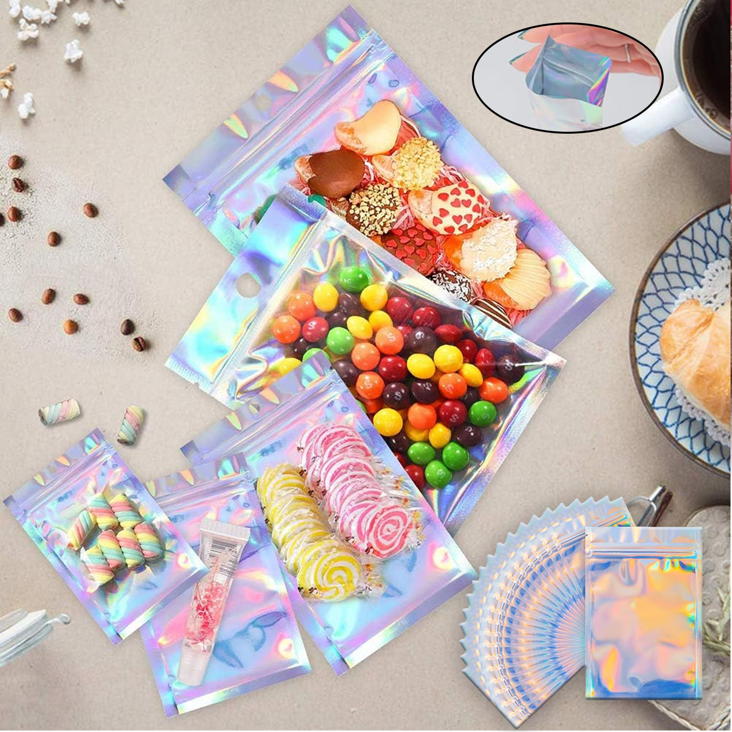 Resealable Holographic Rainbow - Food Storage Bags Zip Lock Pouch のレビューと価格
